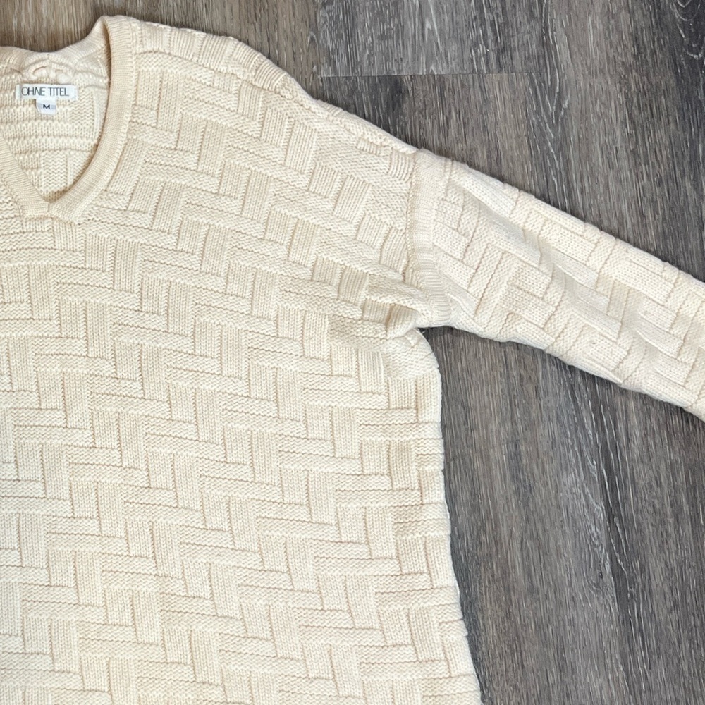 Ohne Titel cream v neck merino wool basket weave pattern sweater Medium - Picture 4 of 7